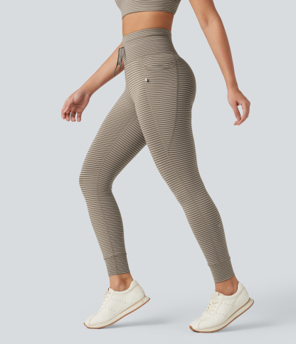 High Waisted Drawstring Striped Yoga Leggings with Pockets