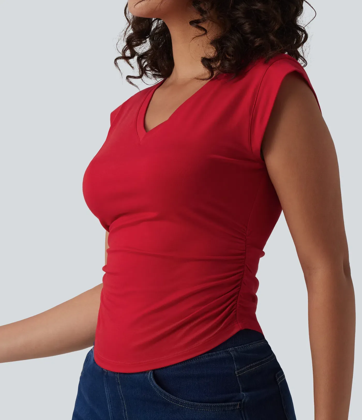 V-Neck Short-Sleeve Curved Hem Pleated Casual Tee