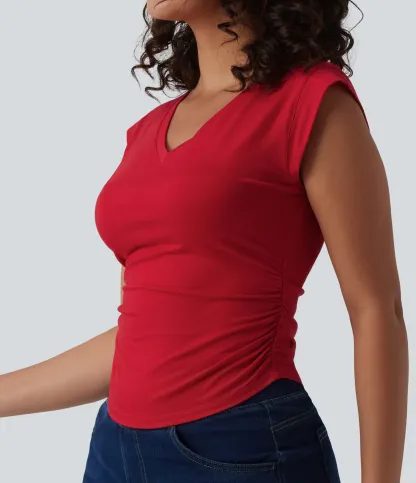 V-Neck Short-Sleeve Curved Hem Pleated Casual Tee