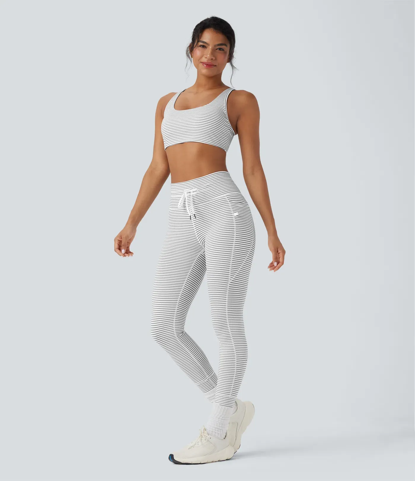 High Waisted Drawstring Striped Yoga Leggings with Pockets