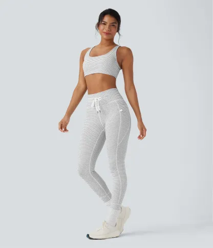 High Waisted Drawstring Striped Yoga Leggings with Pockets