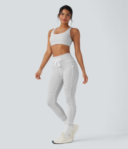 High Waisted Drawstring Striped Yoga Leggings with Pockets