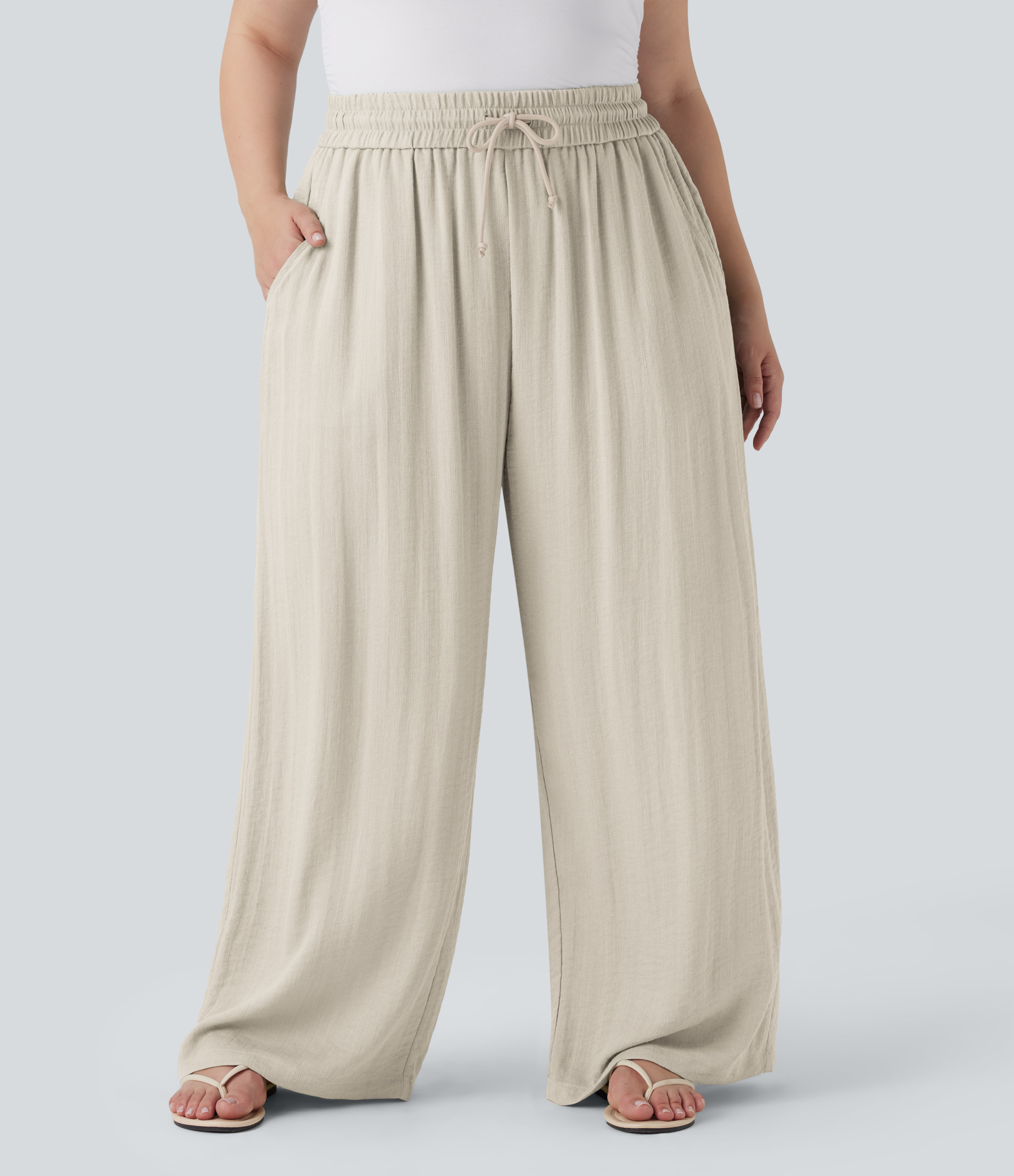High Waisted Drawstring Linen-Feel Wide Leg Casual Plus Size Pants with Pockets