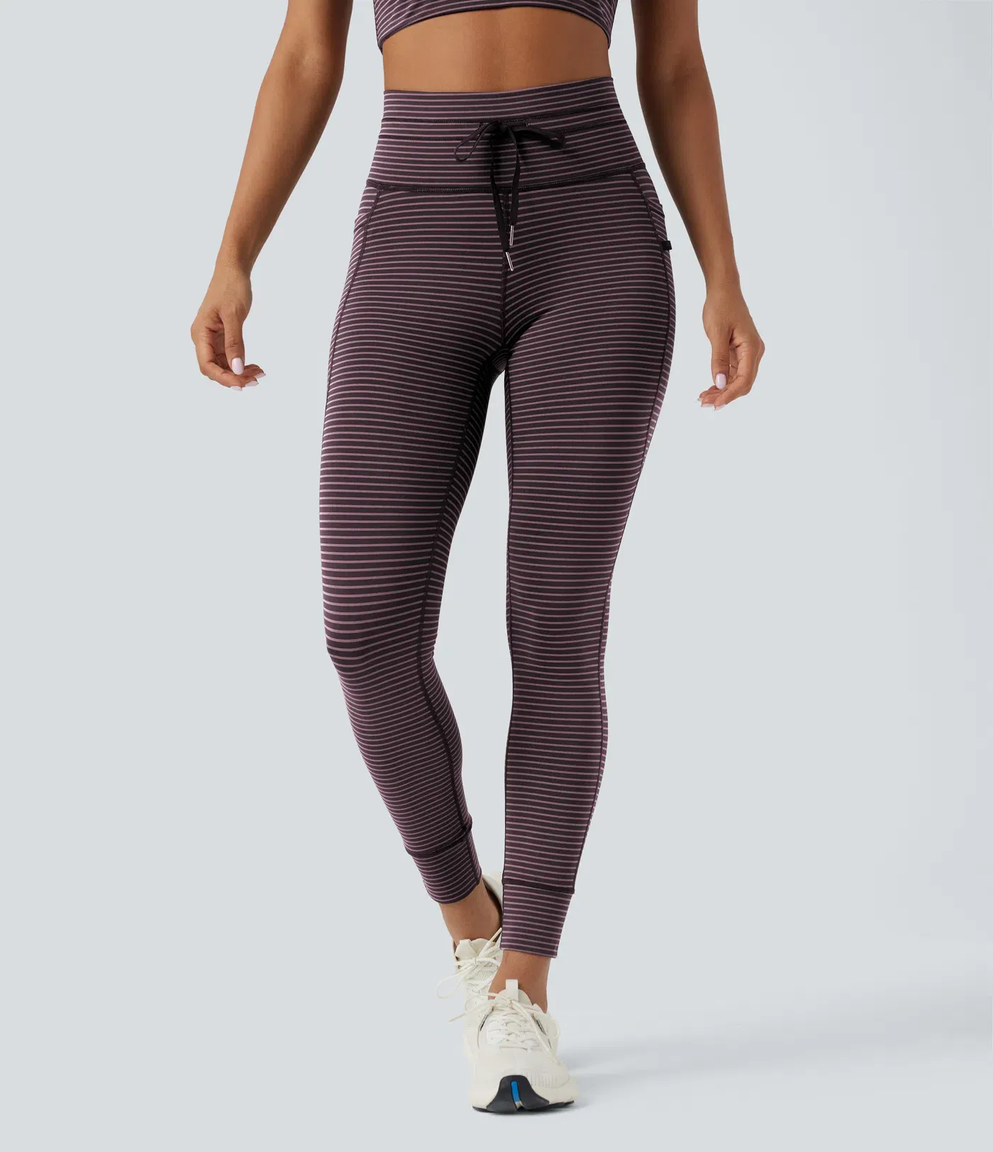 High Waisted Drawstring Striped Yoga Leggings with Pockets