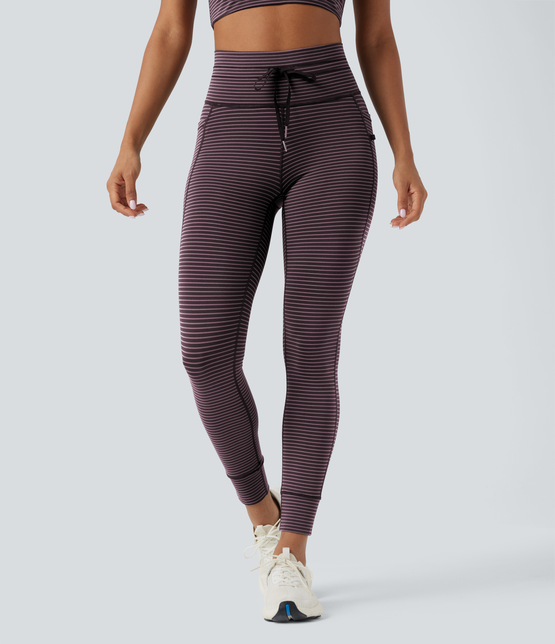 High Waisted Drawstring Striped Yoga Leggings with Pockets