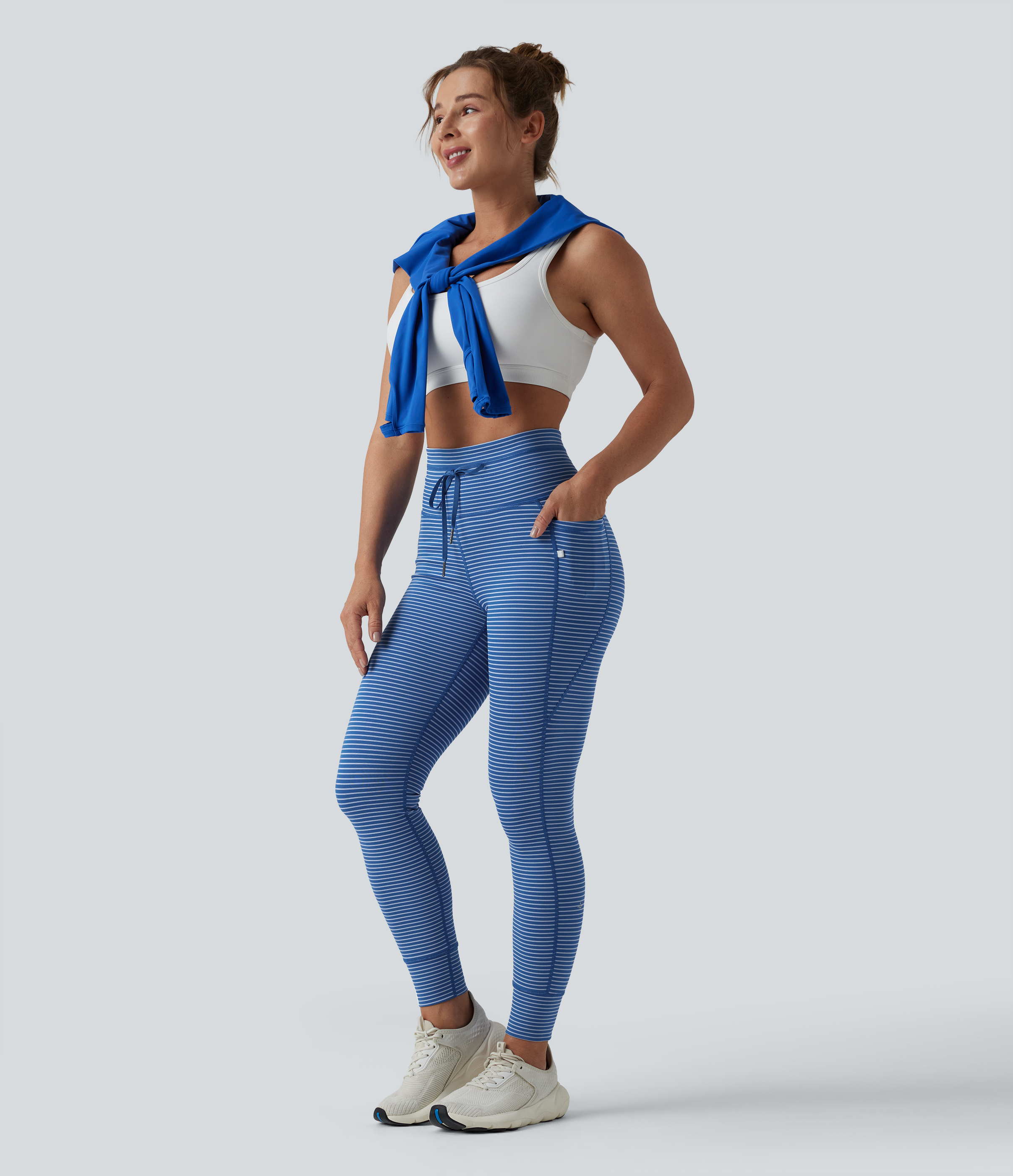 High Waisted Drawstring Striped Yoga Leggings with Pockets