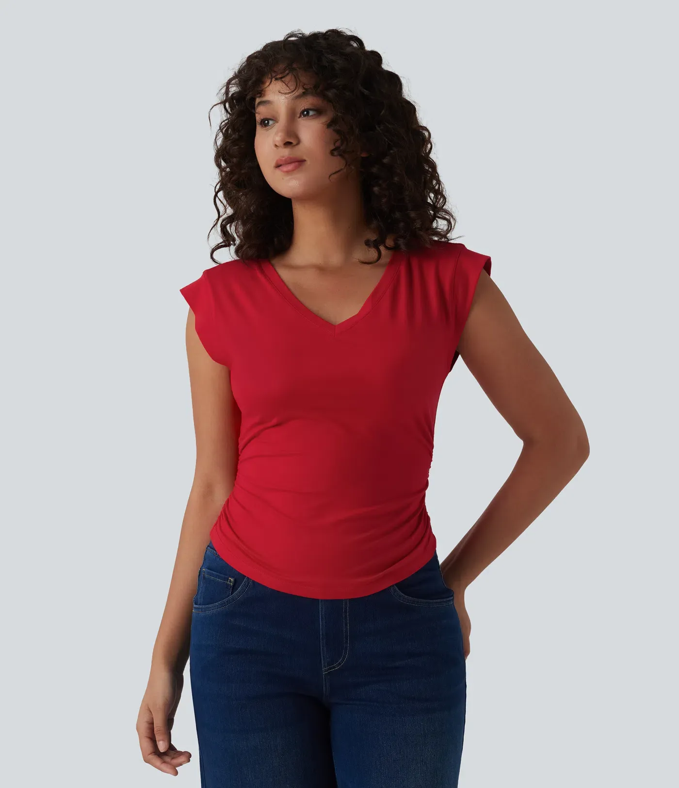 V-Neck Short-Sleeve Curved Hem Pleated Casual Tee