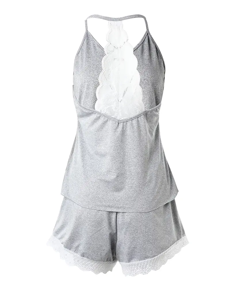 Womens Crochet Lace Trim Backless Cami Tops and Shorts Set Pajams Set Sleepwear