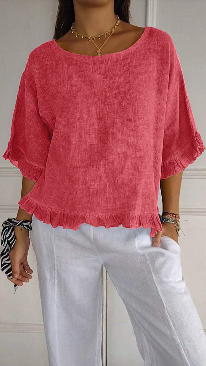 Round Neck Ruffled Hem Mid-sleeve Cotton and Linen Top