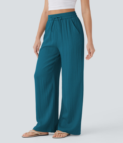 High Waisted Drawstring Pocket Wide Leg Casual Linen-Feel Pants