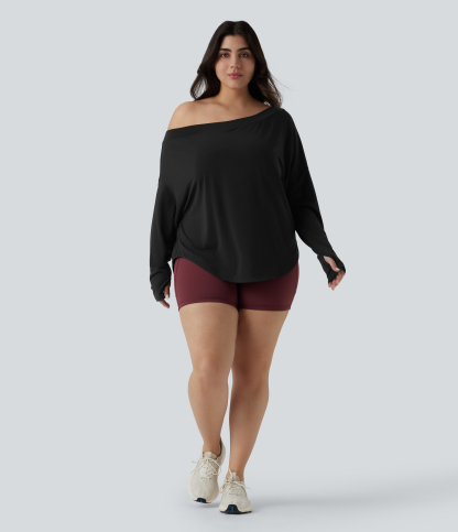One Shoulder Long Sleeve Thumb Hole Curved Hem High Low Quick Dry Yoga Plus Size Sports Top-Built-in Bra