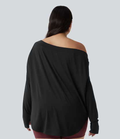 One Shoulder Long Sleeve Thumb Hole Curved Hem High Low Quick Dry Yoga Plus Size Sports Top-Built-in Bra