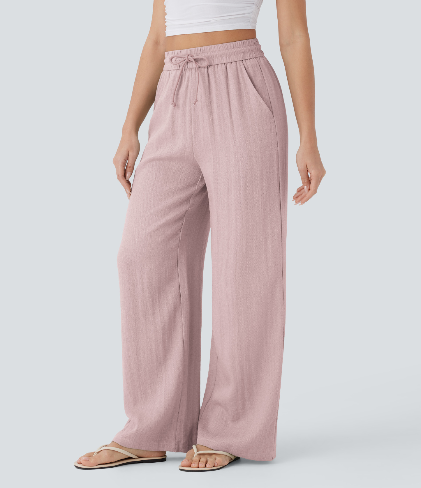 High Waisted Drawstring Pocket Wide Leg Casual Linen-Feel Pants