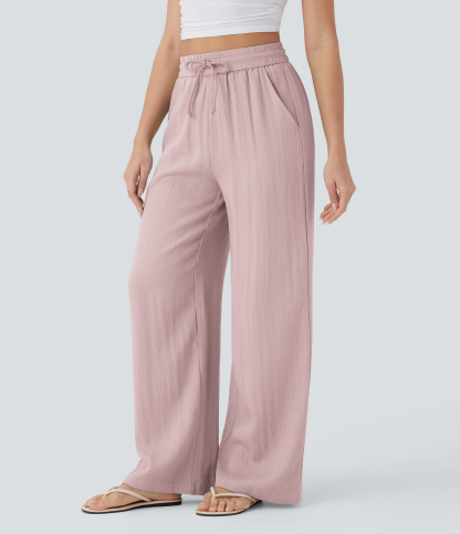 High Waisted Drawstring Pocket Wide Leg Casual Linen-Feel Pants