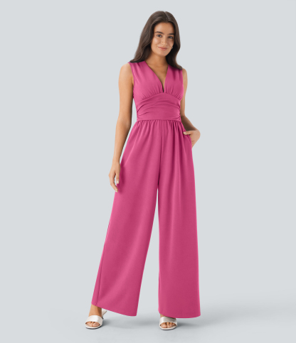 V Neck Sleeveless Ruched Pocket Jumpsuit-Easy Peezy