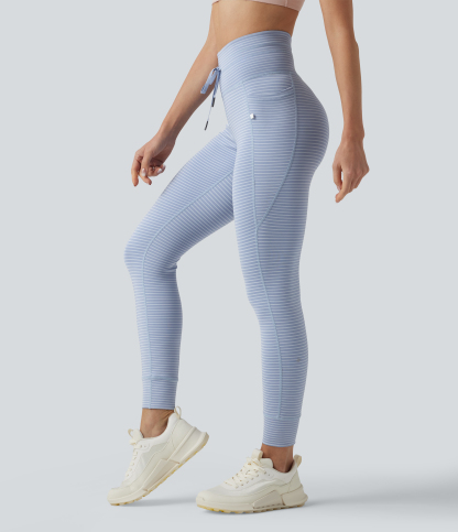 High Waisted Drawstring Striped Yoga Leggings with Pockets