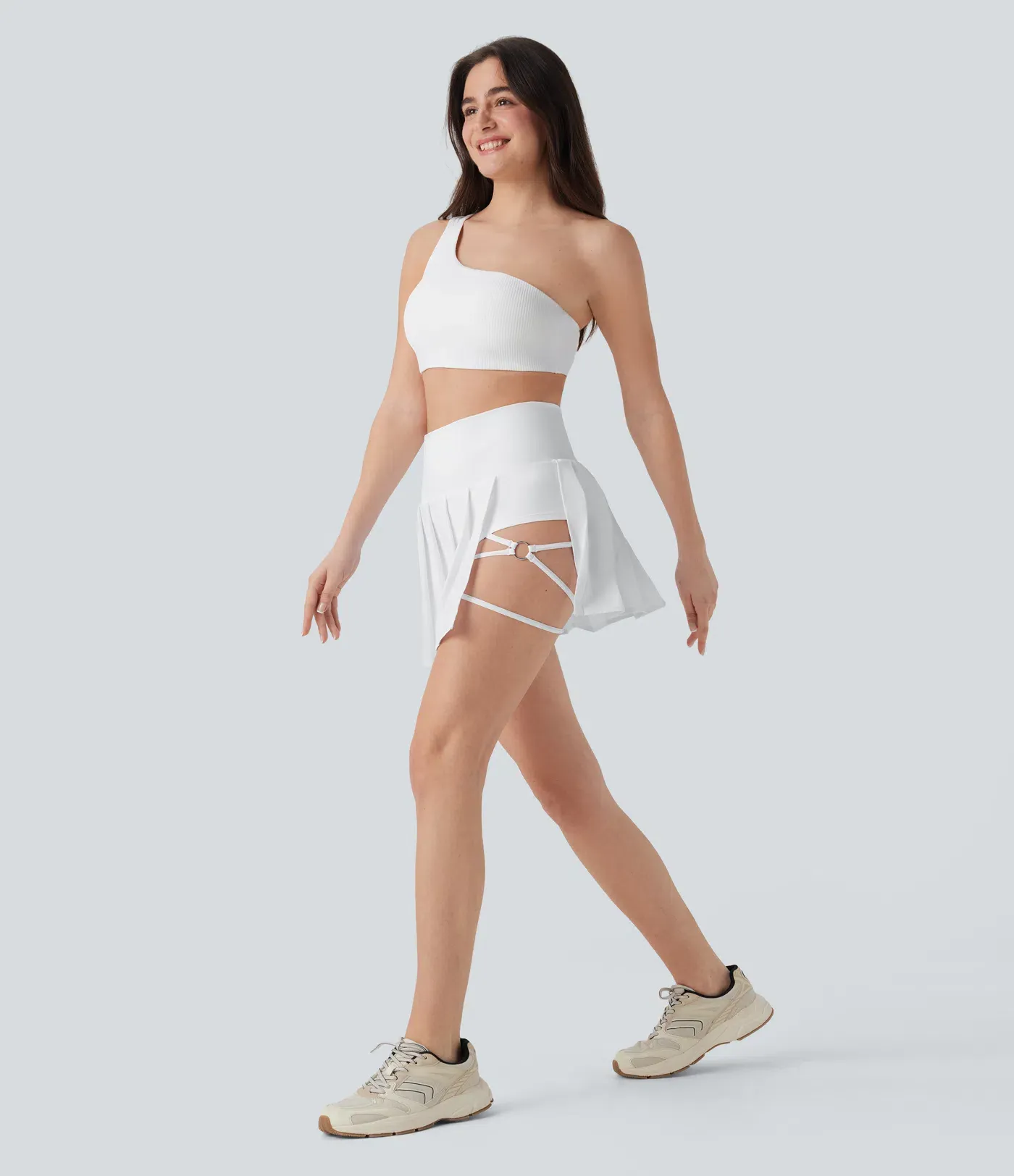 High Waisted Pleated 2-in-1 Side & Pocket Asymmetric Hem Quick Dry Mini Dance Skirt