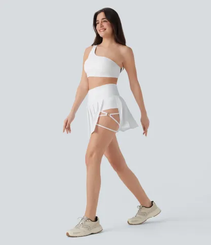 High Waisted Pleated 2-in-1 Side & Pocket Asymmetric Hem Quick Dry Mini Dance Skirt