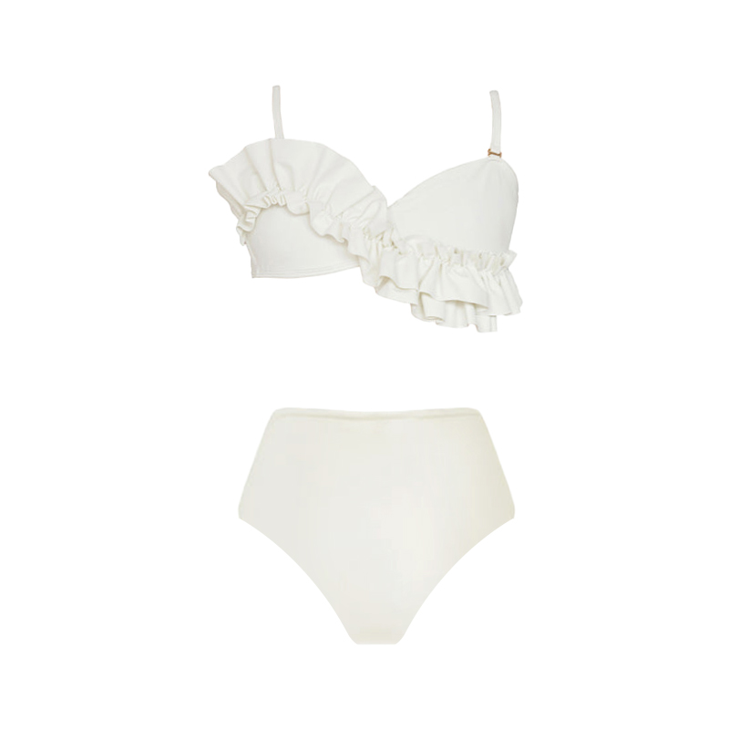 Ruffled Detail White High Waist Bikini Swimsuit and Sarong Flaxmaker