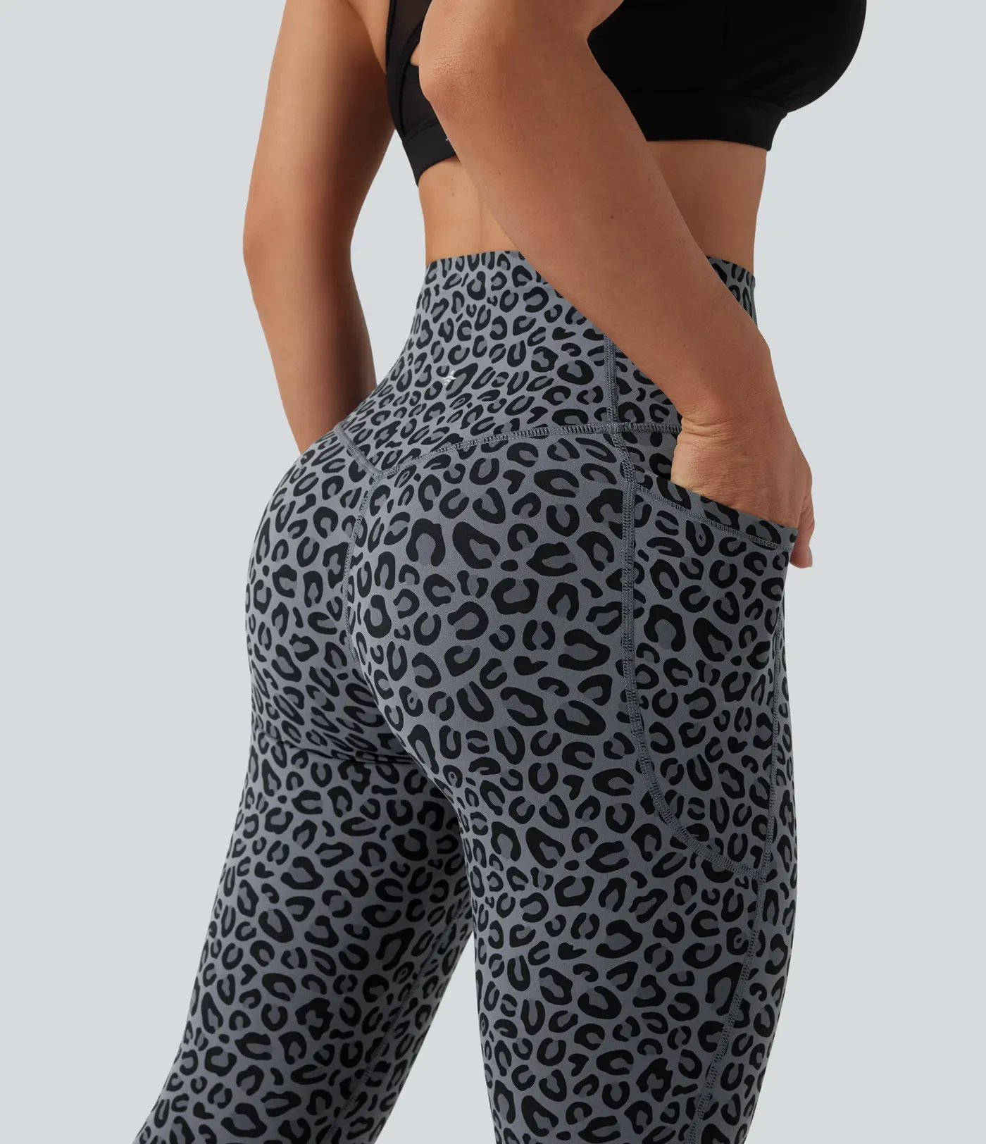 Leopard Print High Waisted Tummy Control Yoga Leggings with Pockets