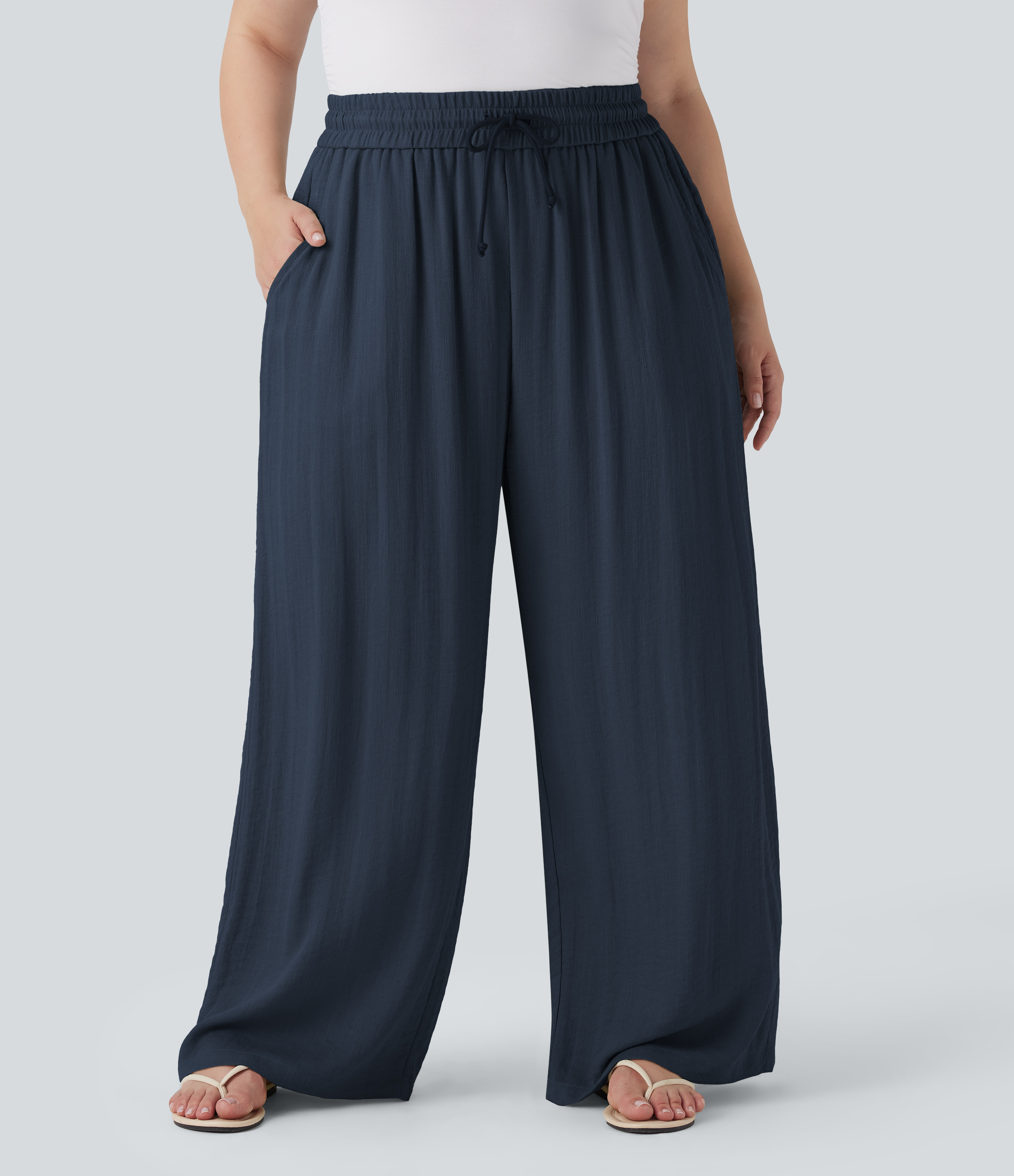 High Waisted Drawstring Linen-Feel Wide Leg Casual Plus Size Pants with Pockets