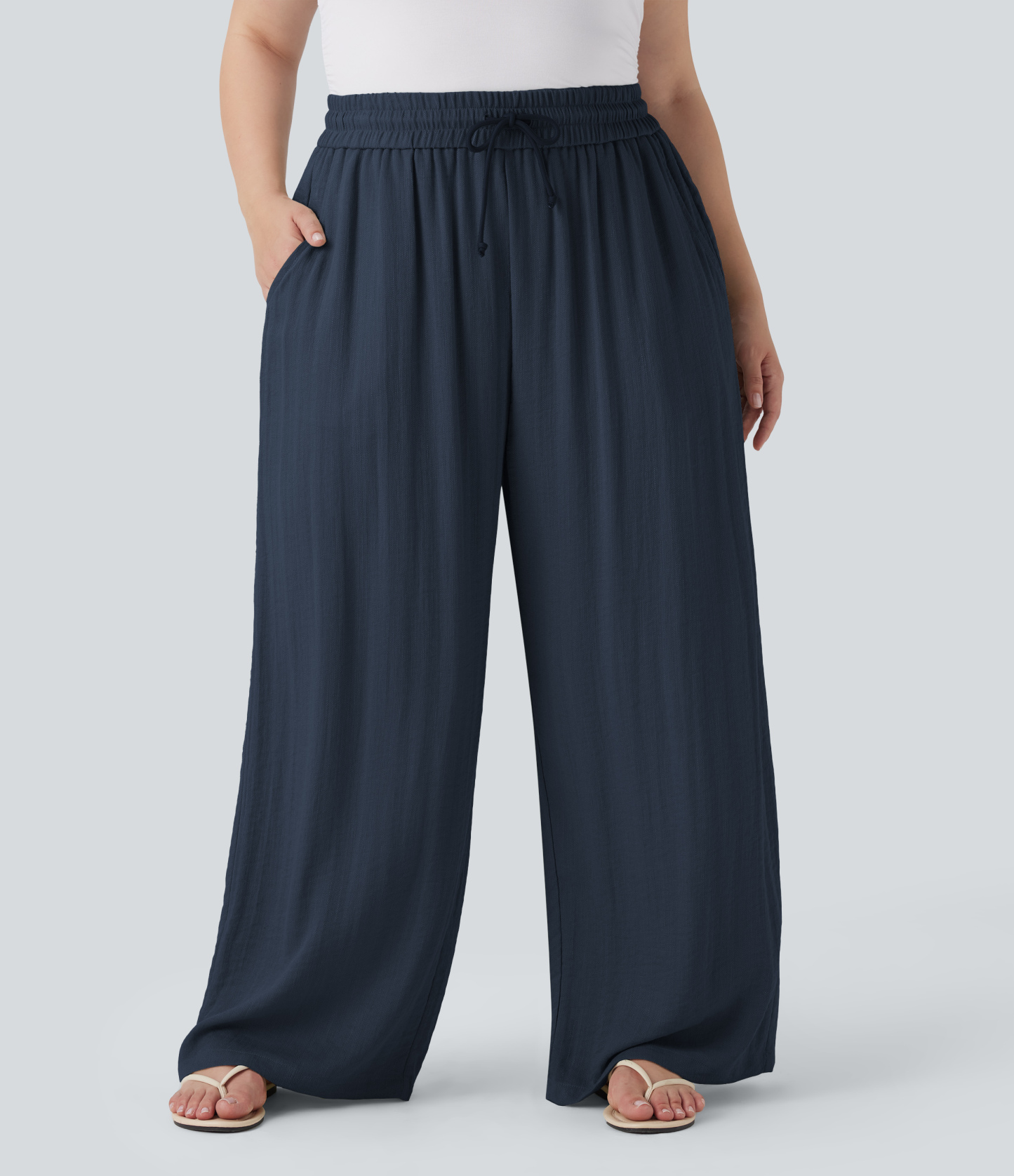 High Waisted Drawstring Linen-Feel Wide Leg Casual Plus Size Pants with Pockets