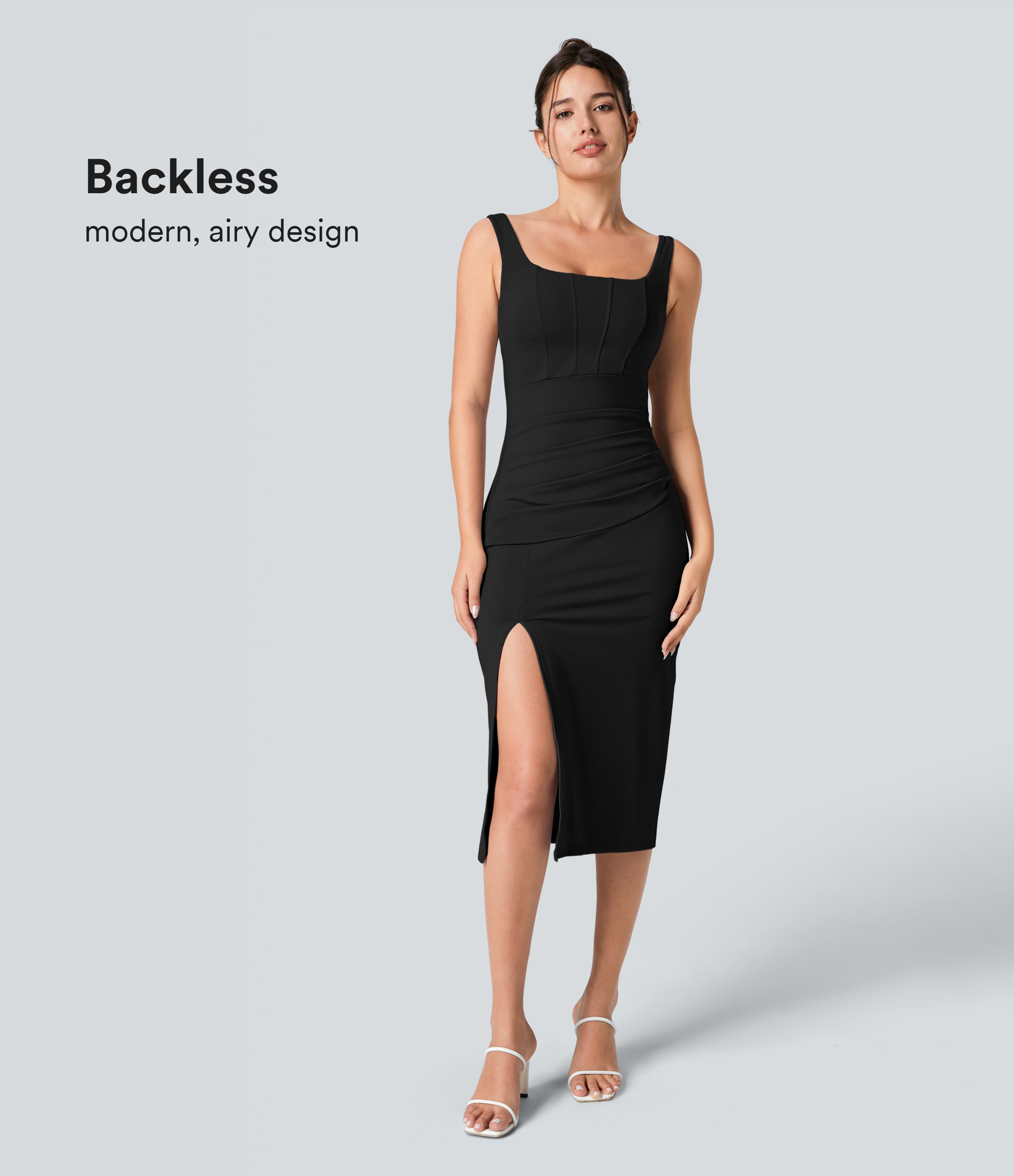 Airy Square Neck Backless Corset Ruched Split Bodycon Midi Cool Touch Bridesmaid and Wedding Guest Dress