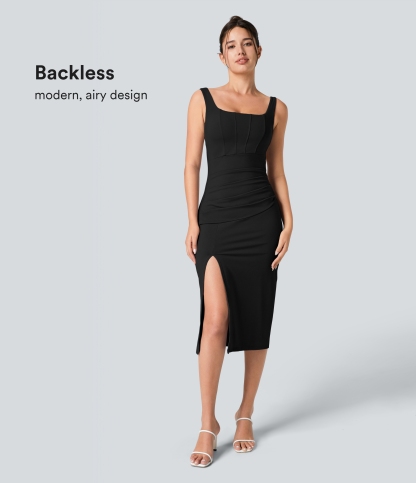 Airy Square Neck Backless Corset Ruched Split Bodycon Midi Cool Touch Bridesmaid and Wedding Guest Dress