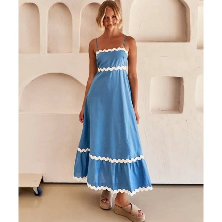 Sling Solid Color Wave Midi Dress