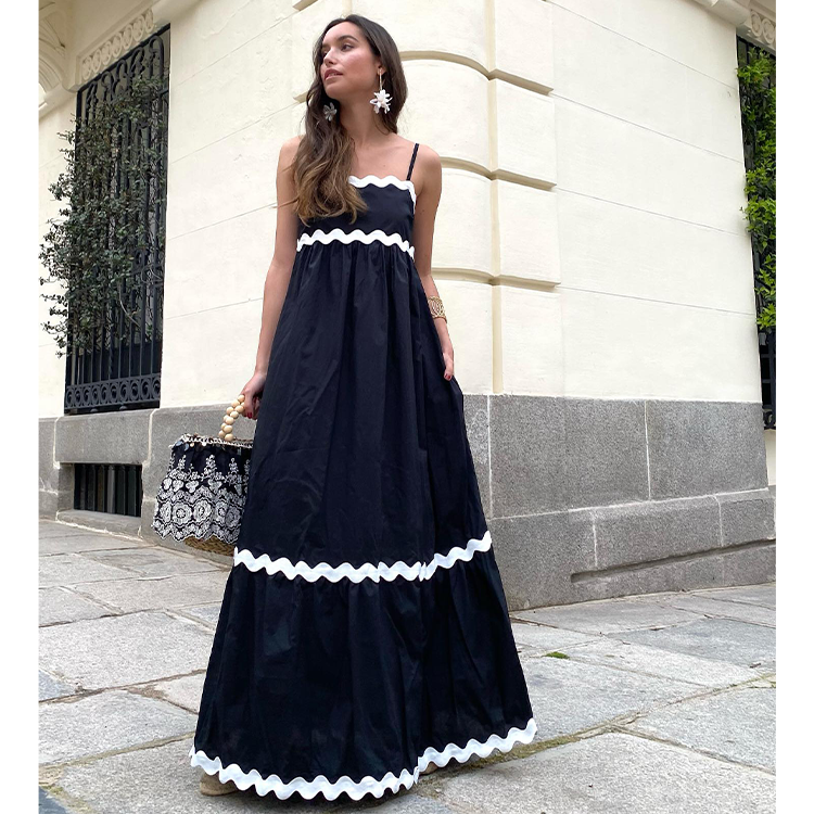 Sling Solid Color Wave Midi Dress