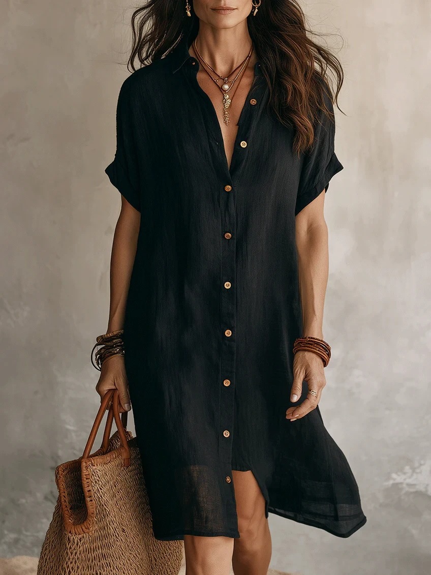 2026 European And American Amazon Cross-Border New Shirt Dress Fashion Casual Solid Color Short-Sleeved Button Mid-Length Dress