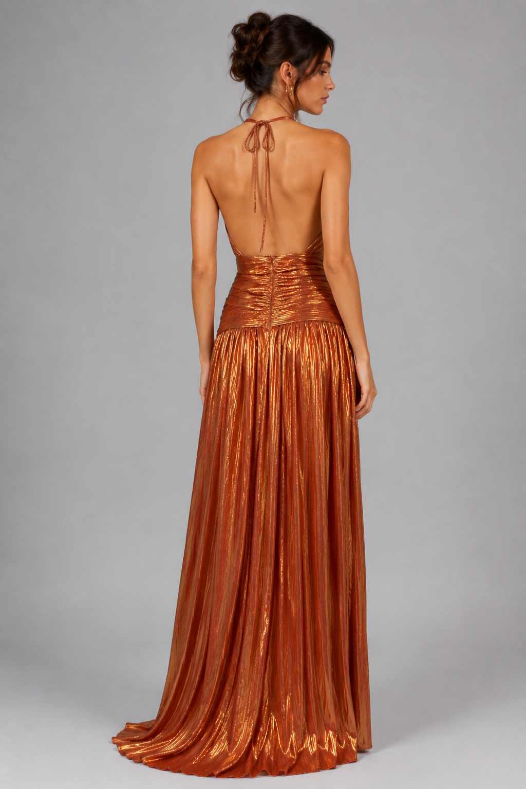Elegant Satin Pleated Long Dress with Halter Neck for Women