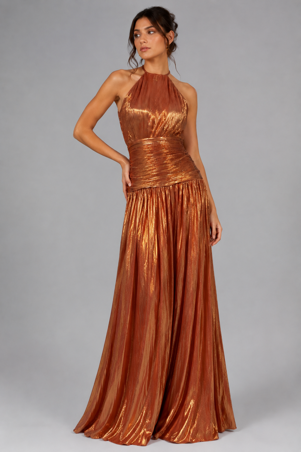 Elegant Satin Pleated Long Dress with Halter Neck for Women