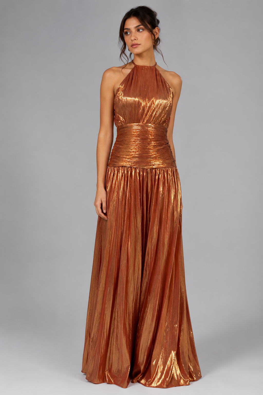 Elegant Satin Pleated Long Dress with Halter Neck for Women