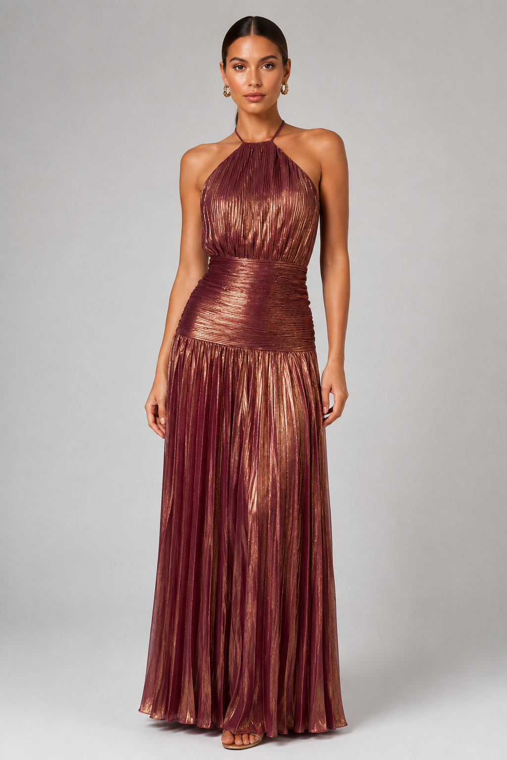 Elegant Satin Pleated Long Dress with Halter Neck for Women