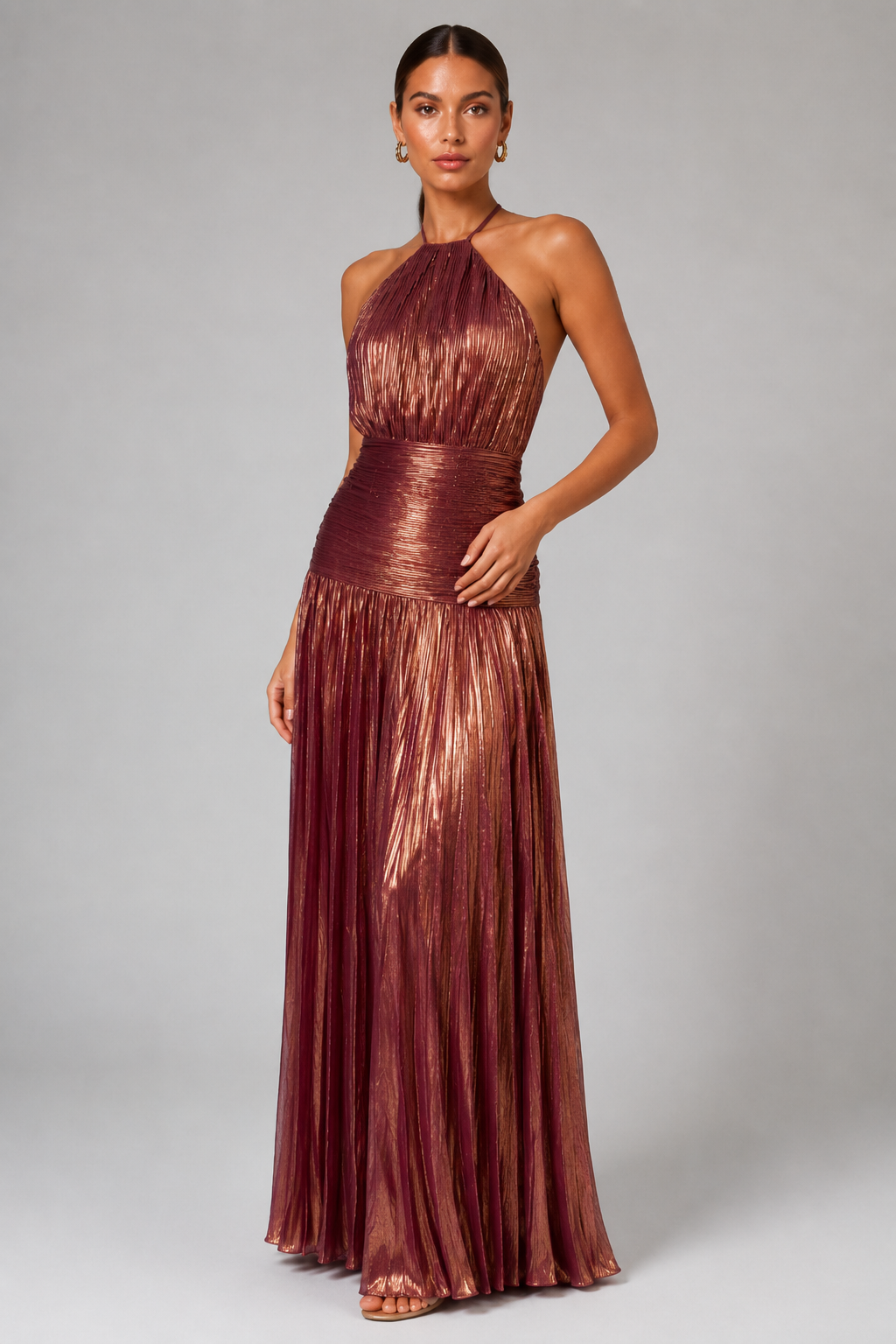 Elegant Satin Pleated Long Dress with Halter Neck for Women