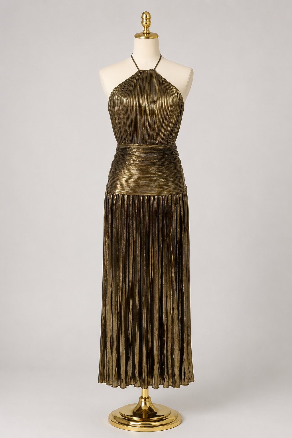Elegant Satin Pleated Long Dress with Halter Neck for Women