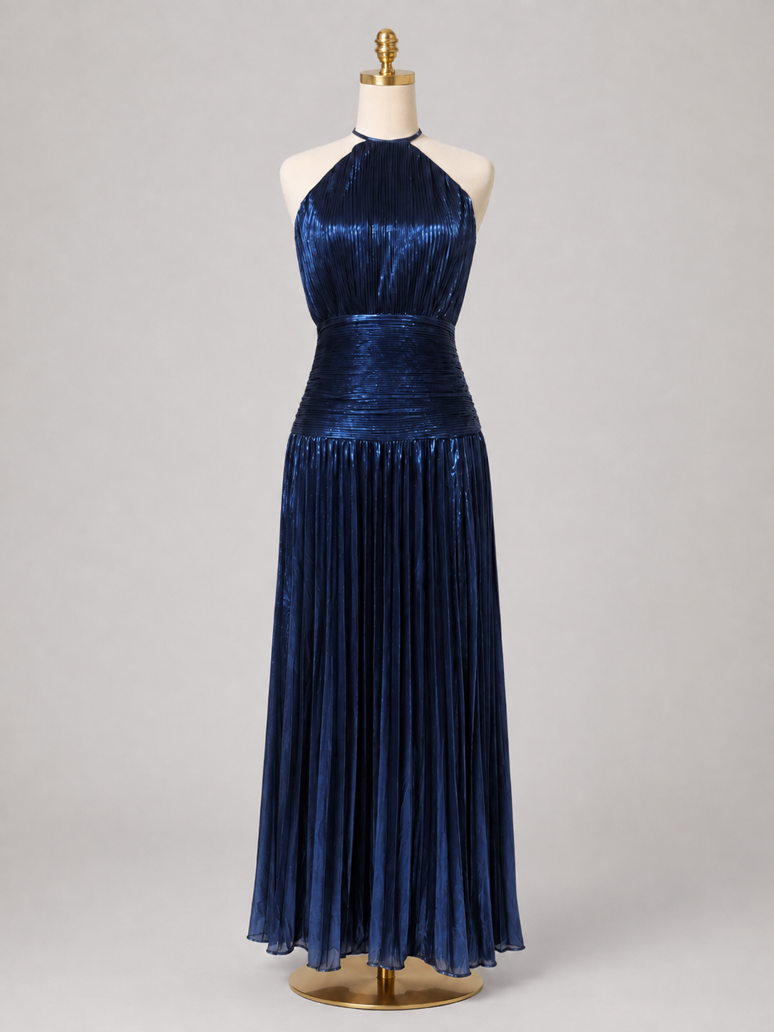Elegant Satin Pleated Long Dress with Halter Neck for Women