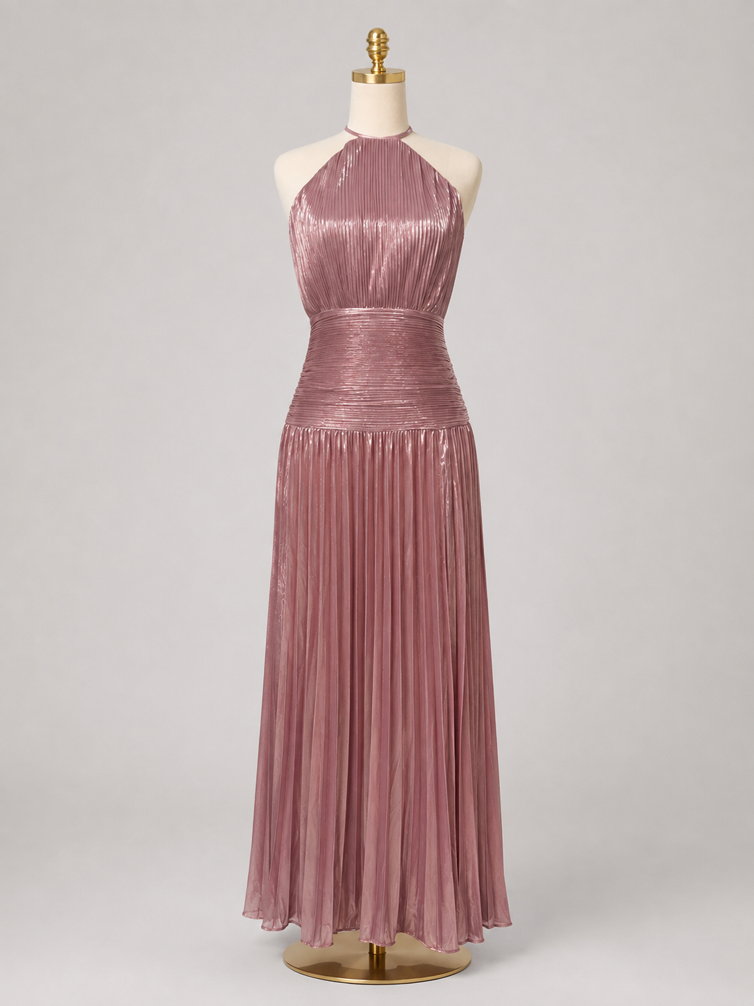 Elegant Satin Pleated Long Dress with Halter Neck for Women