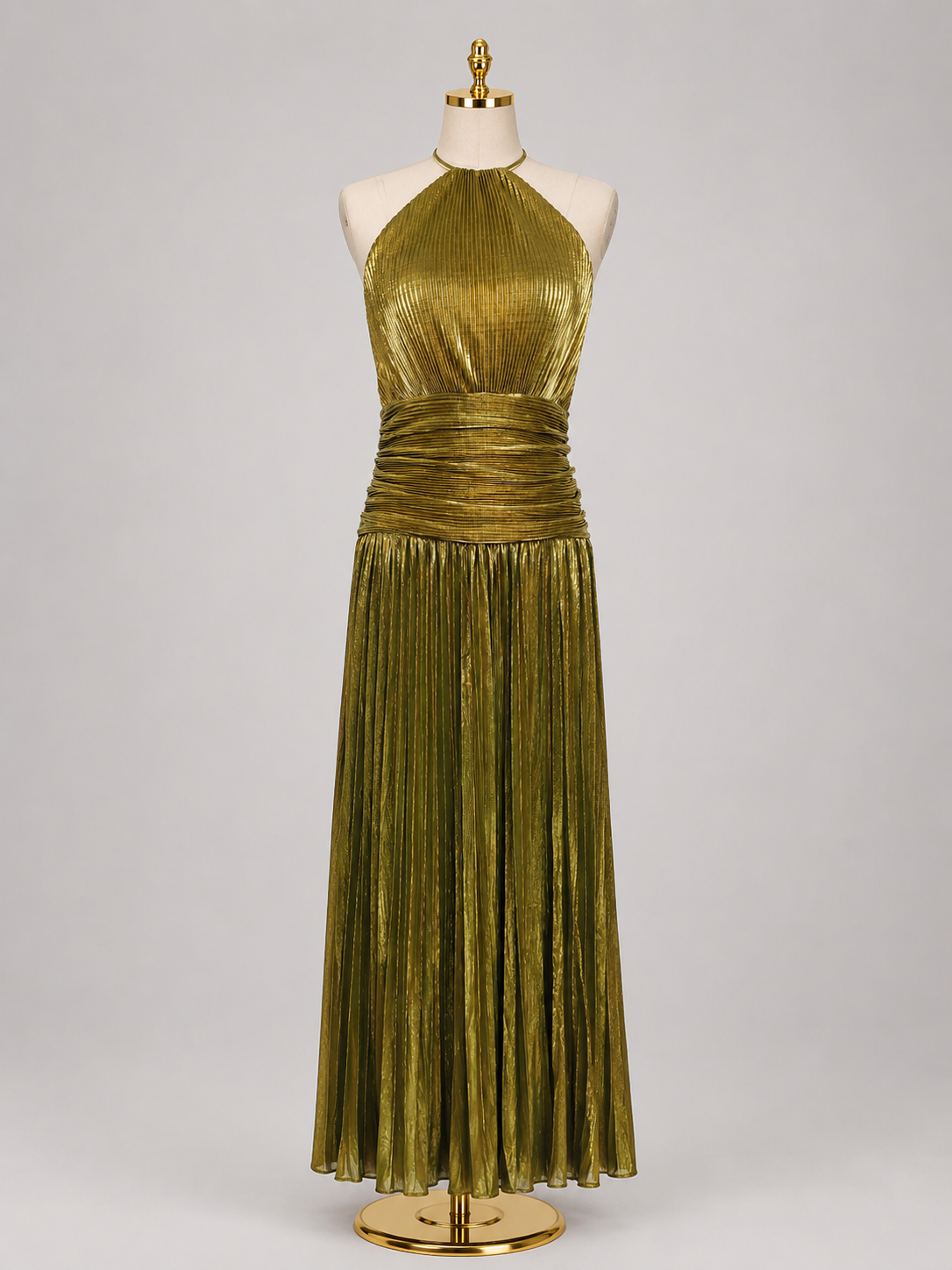 Elegant Satin Pleated Long Dress with Halter Neck for Women