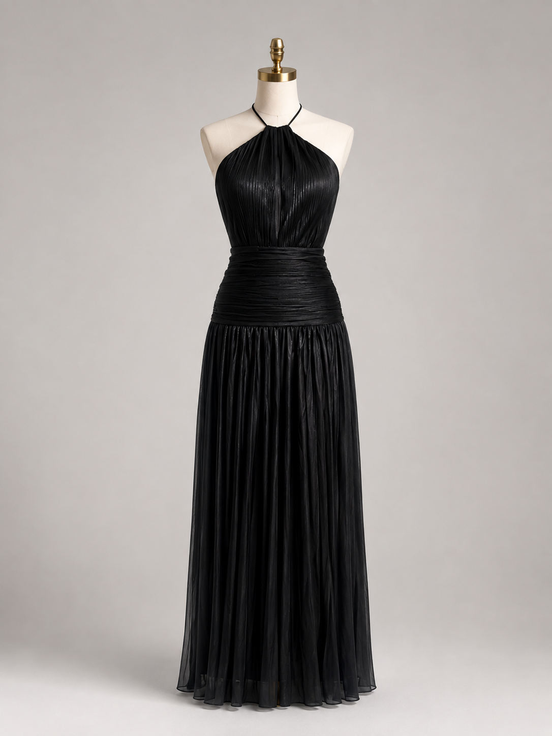 Elegant Satin Pleated Long Dress with Halter Neck for Women