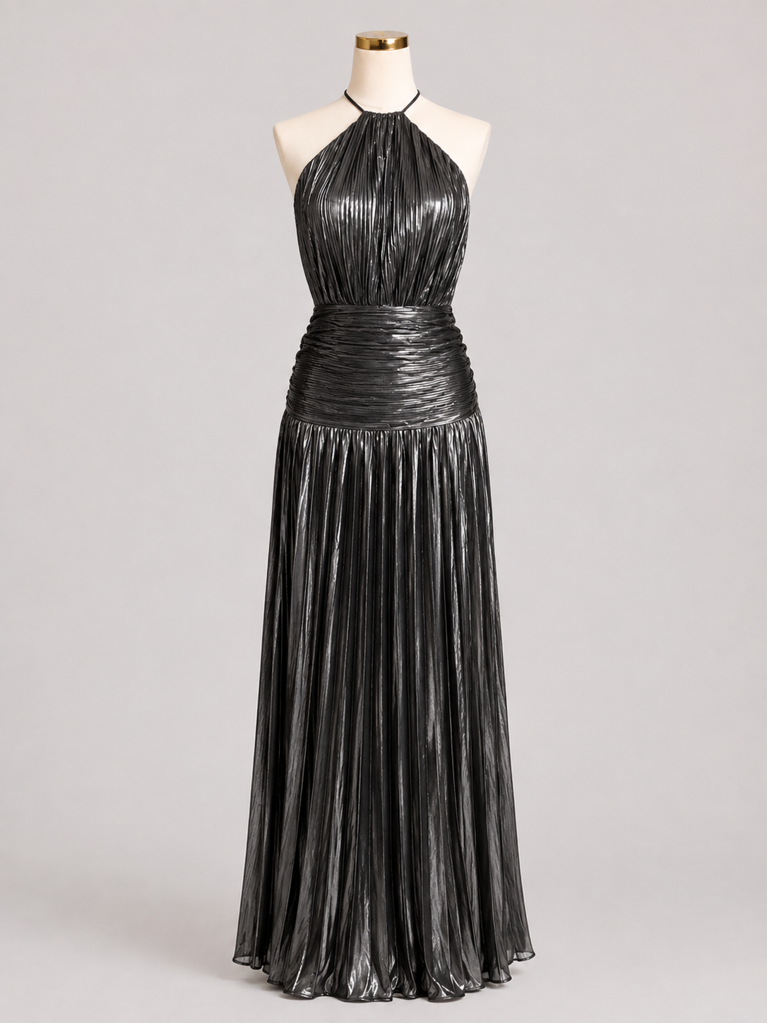 Elegant Satin Pleated Long Dress with Halter Neck for Women