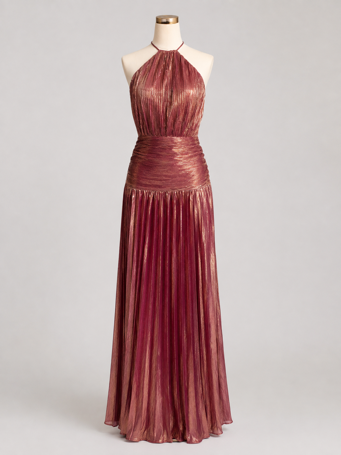 Elegant Satin Pleated Long Dress with Halter Neck for Women