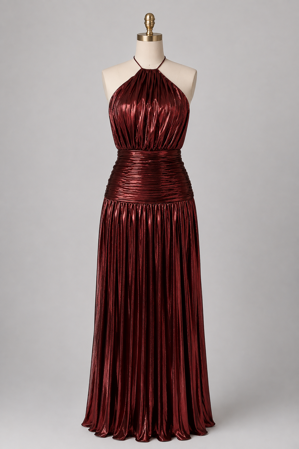 Elegant Satin Pleated Long Dress with Halter Neck for Women