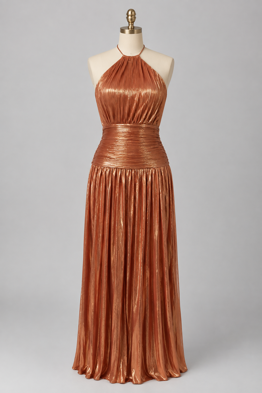 Elegant Satin Pleated Long Dress with Halter Neck for Women
