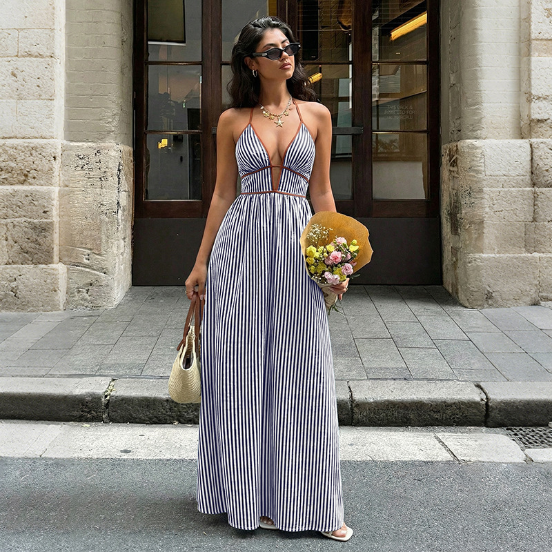 V-Neck Striped Vacation Dress