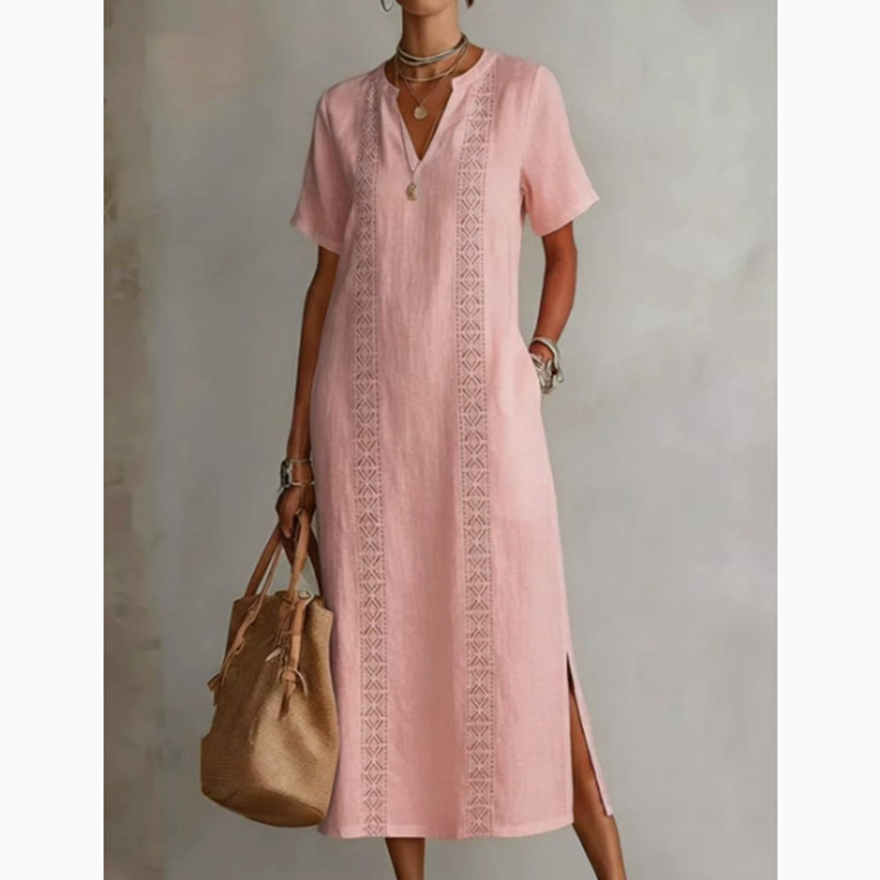 Retro Cozy Lace V-neck Loose Linen Dress