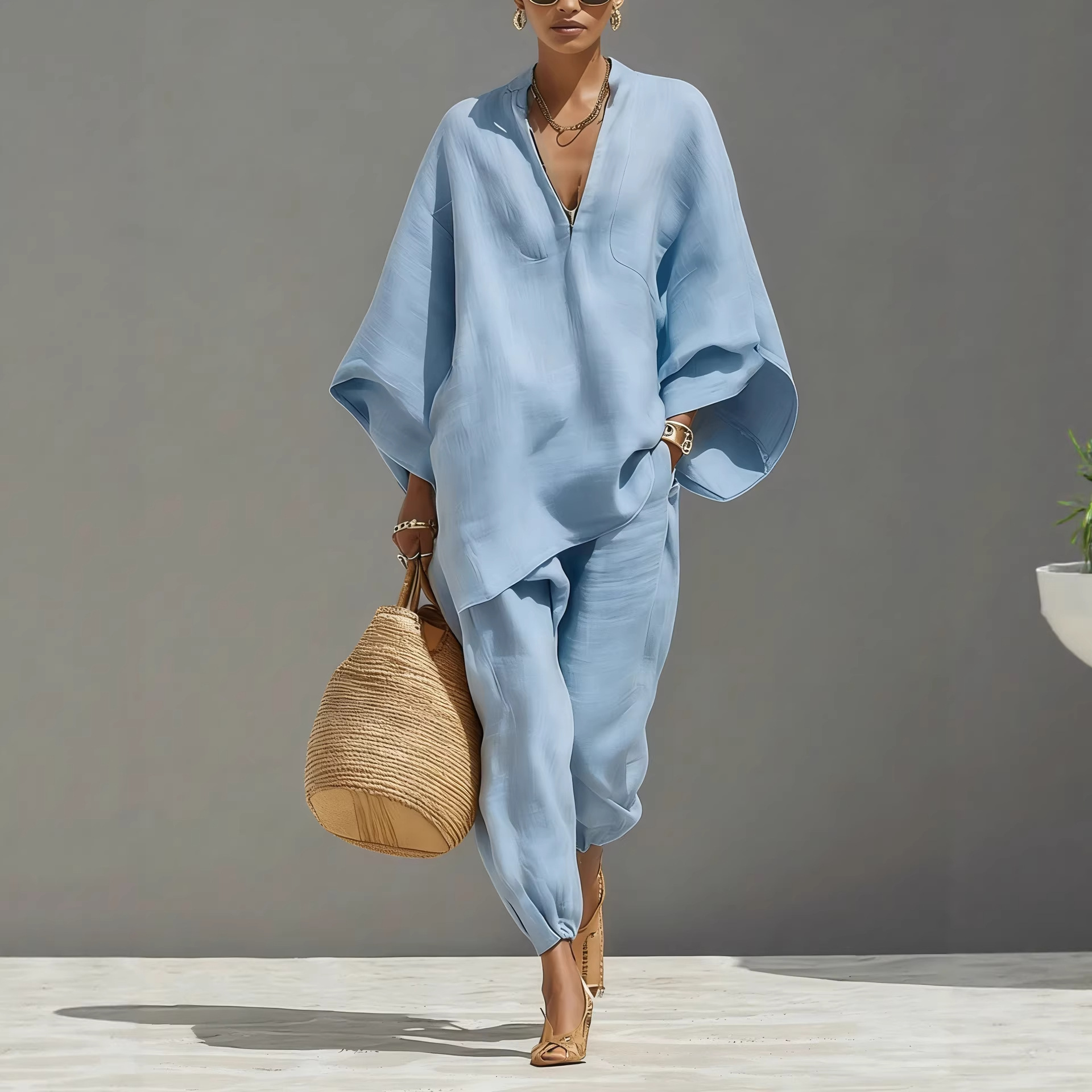 Casual-Style Batwing Sleeve V-Neck Loungewear Set — Loose & Relaxed Fit