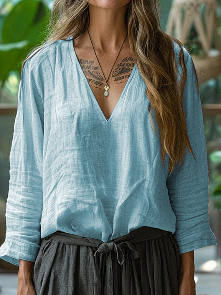Relaxed V-Neck Long Sleeve Top – Minimal Everyday Essential