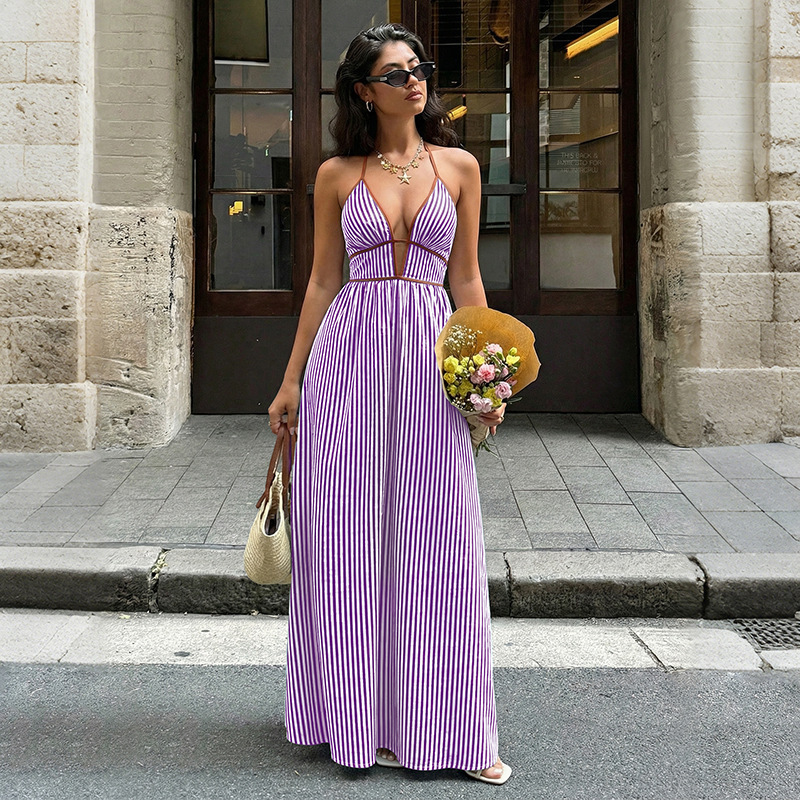 V-Neck Striped Vacation Dress